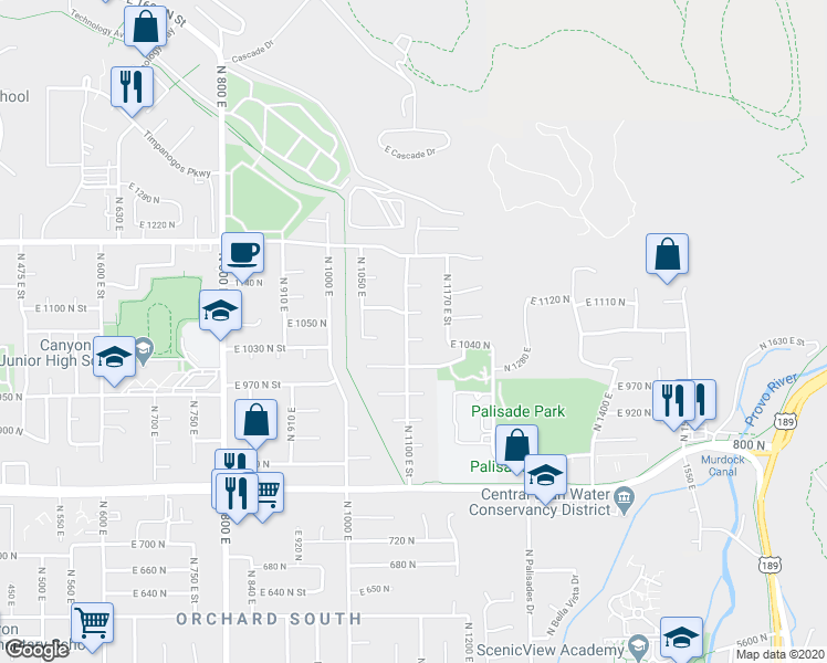 map of restaurants, bars, coffee shops, grocery stores, and more near 1111 East 1045 North Street in Orem