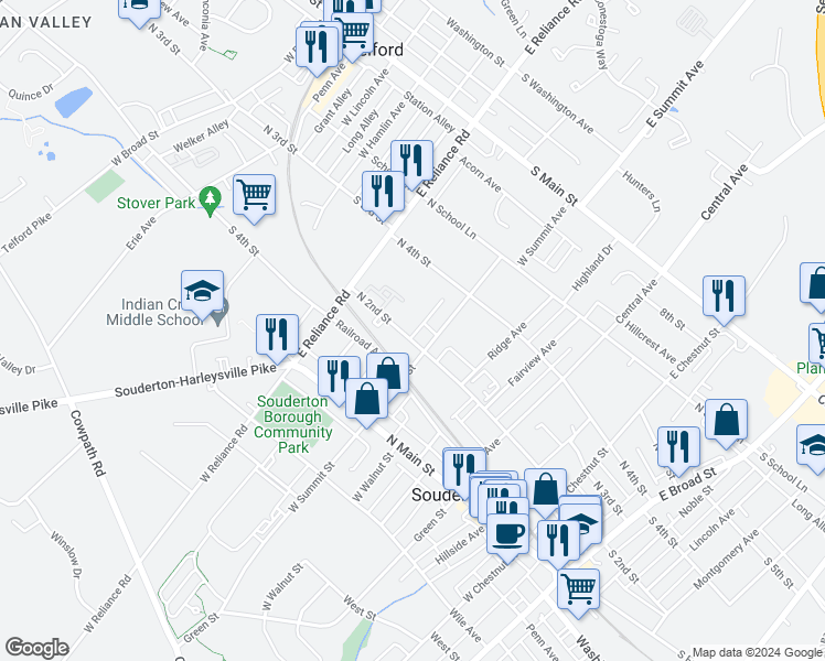 map of restaurants, bars, coffee shops, grocery stores, and more near 421 North 2nd Street in Souderton