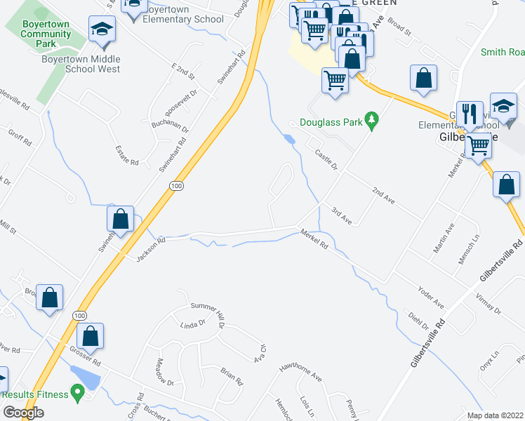 map of restaurants, bars, coffee shops, grocery stores, and more near 300 Jackson Road in Gilbertsville