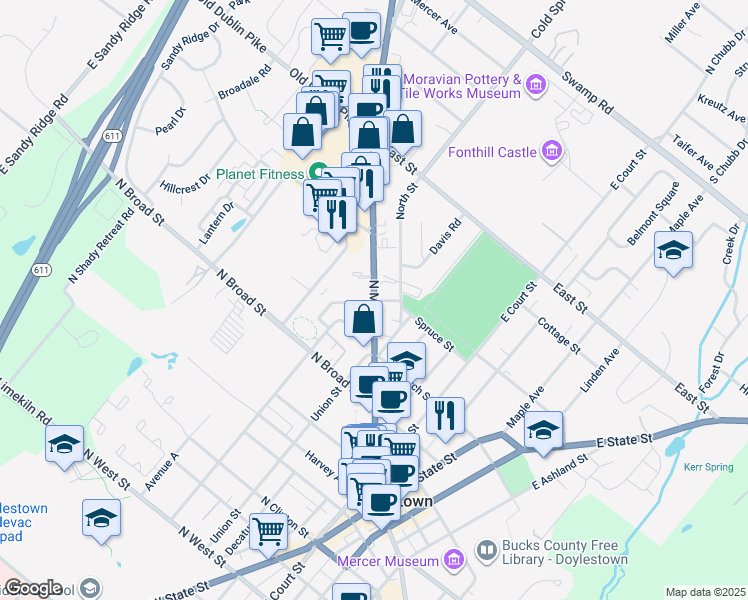 map of restaurants, bars, coffee shops, grocery stores, and more near 301 N Main St in Doylestown