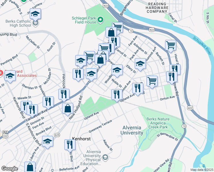 map of restaurants, bars, coffee shops, grocery stores, and more near 637 Park Avenue in Reading