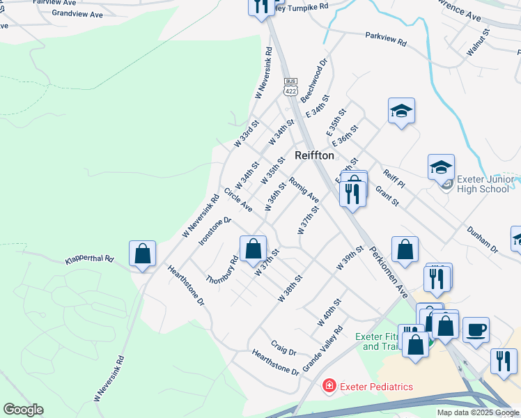 map of restaurants, bars, coffee shops, grocery stores, and more near 120 West 36th Street in Reading