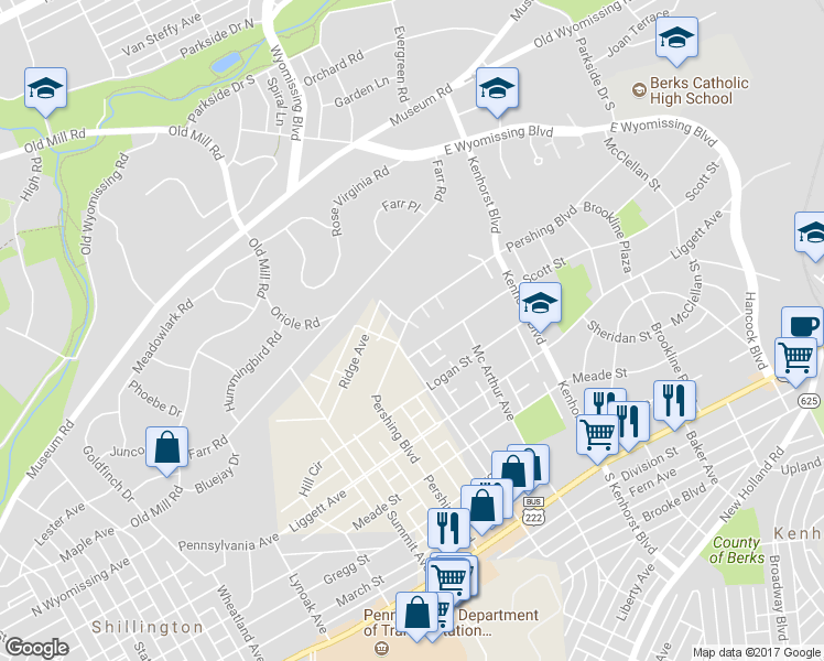 map of restaurants, bars, coffee shops, grocery stores, and more near 22 Nassau Court in Reading