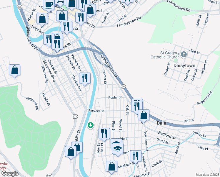 map of restaurants, bars, coffee shops, grocery stores, and more near 210R Pine Street in Johnstown