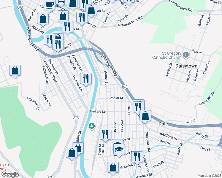 map of restaurants, bars, coffee shops, grocery stores, and more near 210R Pine Street in Johnstown