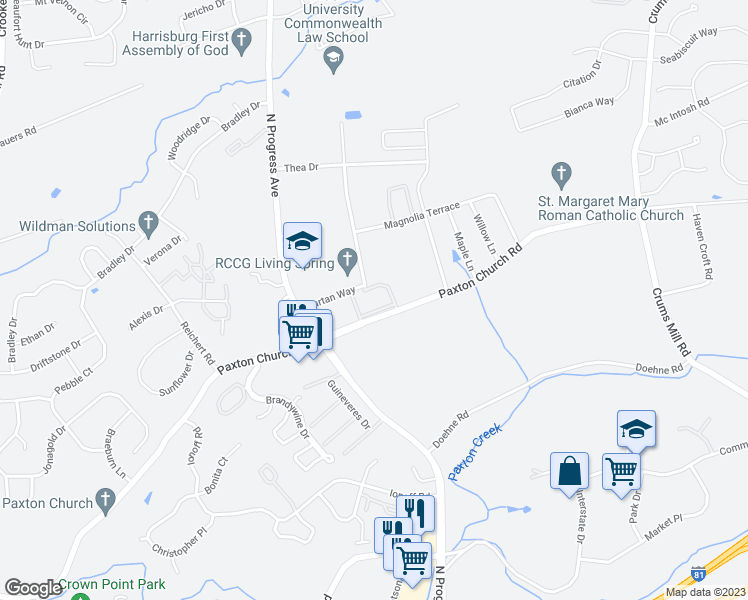 map of restaurants, bars, coffee shops, grocery stores, and more near 2300 Vartan Court in Harrisburg
