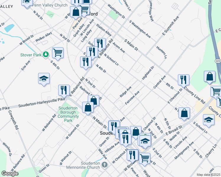 map of restaurants, bars, coffee shops, grocery stores, and more near 232 East Summit Street in Souderton
