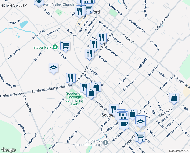 map of restaurants, bars, coffee shops, grocery stores, and more near 464 North 2nd Street in Souderton