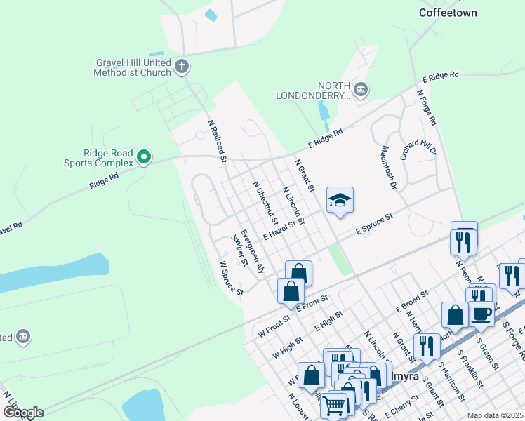 map of restaurants, bars, coffee shops, grocery stores, and more near 647 North Chestnut Street in Palmyra