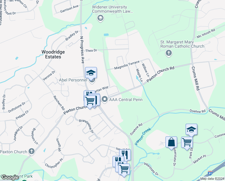 map of restaurants, bars, coffee shops, grocery stores, and more near 2320 Vartan Court in Harrisburg