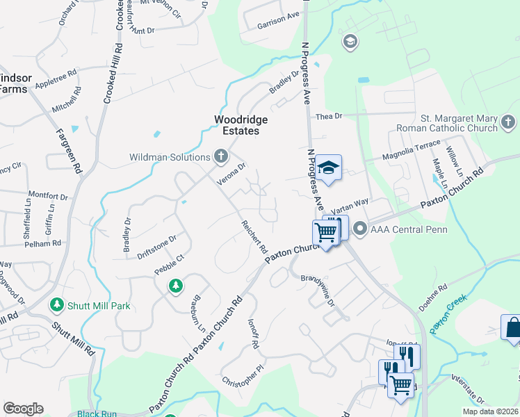 map of restaurants, bars, coffee shops, grocery stores, and more near 602 Cherrington Drive in Harrisburg