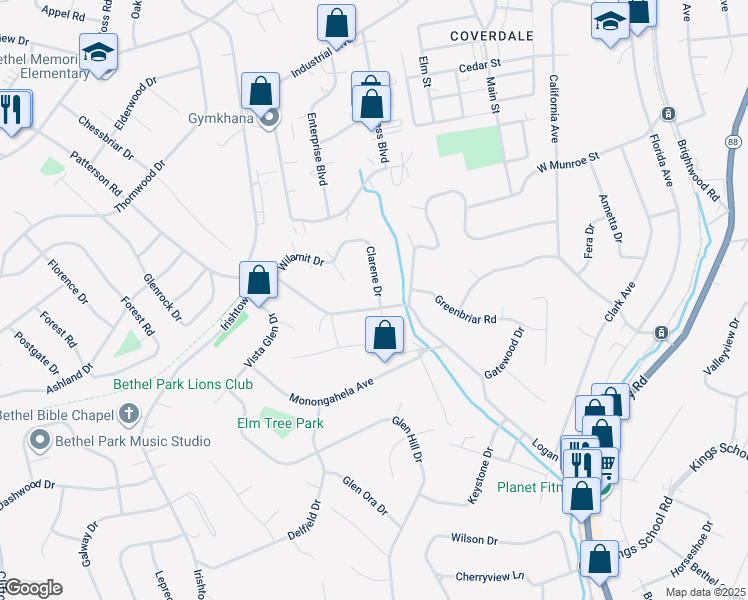 map of restaurants, bars, coffee shops, grocery stores, and more near in Bethel Park