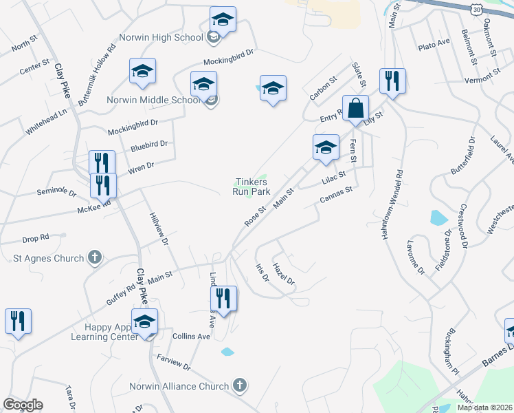map of restaurants, bars, coffee shops, grocery stores, and more near 860 Rose Street in Irwin