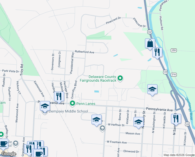 map of restaurants, bars, coffee shops, grocery stores, and more near 430 Federal Circle in Delaware