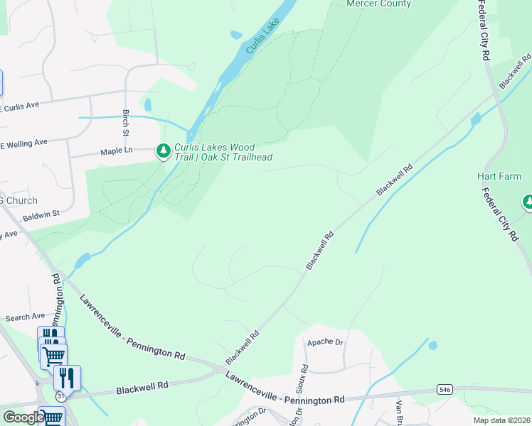 map of restaurants, bars, coffee shops, grocery stores, and more near 20 Shara Lane in Pennington