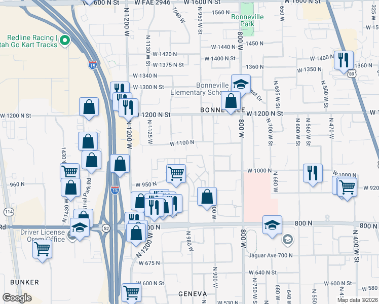 map of restaurants, bars, coffee shops, grocery stores, and more near 1086 North 1005 West Street in Orem
