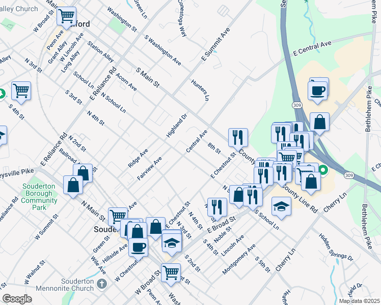 map of restaurants, bars, coffee shops, grocery stores, and more near 616 Central Avenue in Souderton