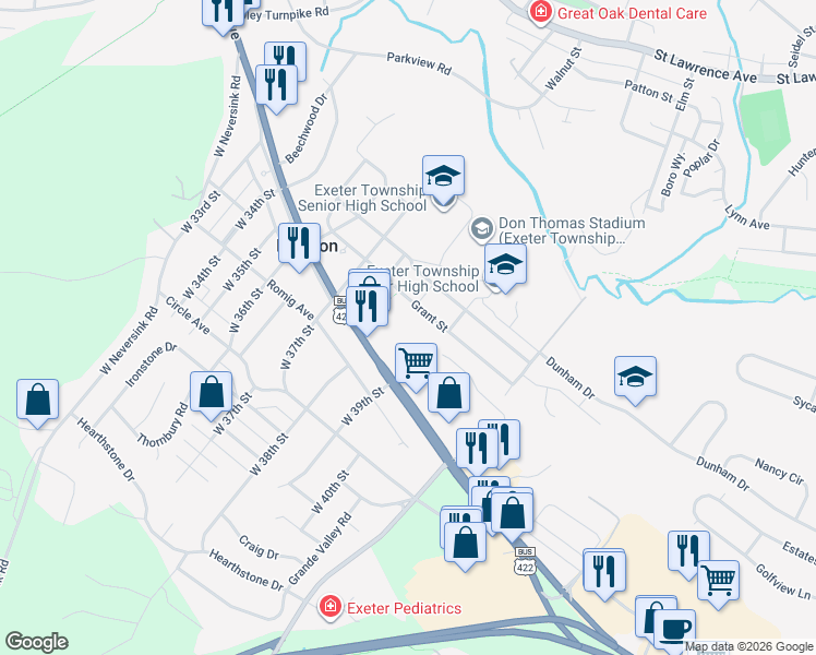 map of restaurants, bars, coffee shops, grocery stores, and more near 3816 Grant Street in Reading