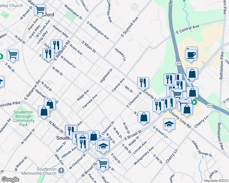 map of restaurants, bars, coffee shops, grocery stores, and more near 616 Central Avenue in Souderton
