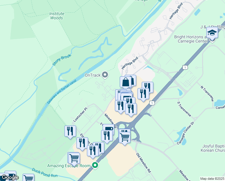 map of restaurants, bars, coffee shops, grocery stores, and more near 123 Acadia Court in Princeton