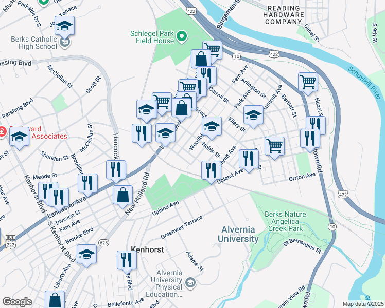 map of restaurants, bars, coffee shops, grocery stores, and more near 637 Park Avenue in Reading