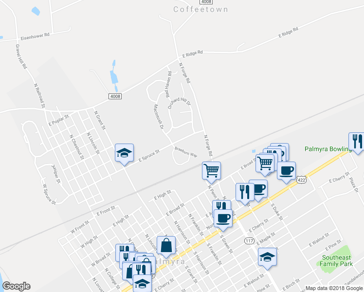 map of restaurants, bars, coffee shops, grocery stores, and more near 46 Braeburn Way in Palmyra