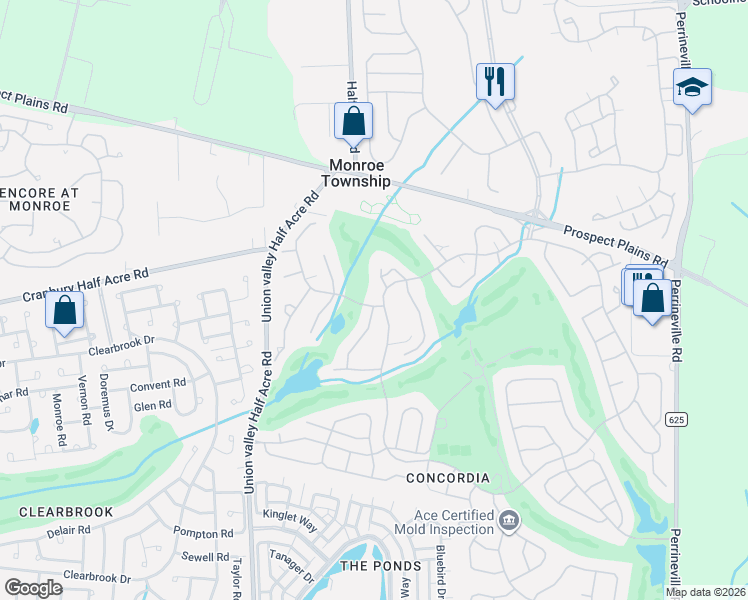 map of restaurants, bars, coffee shops, grocery stores, and more near 4A Martin Van Buren Drive in Monroe Township