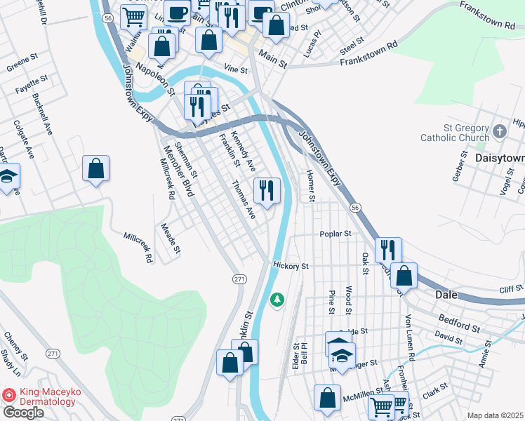 map of restaurants, bars, coffee shops, grocery stores, and more near 205 Devine Alley in Johnstown