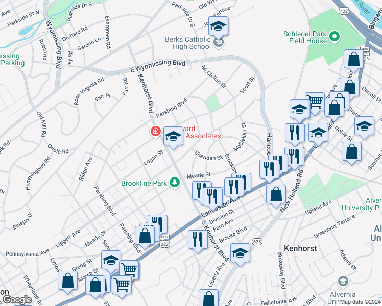 map of restaurants, bars, coffee shops, grocery stores, and more near 1225 Sheridan Street in Reading