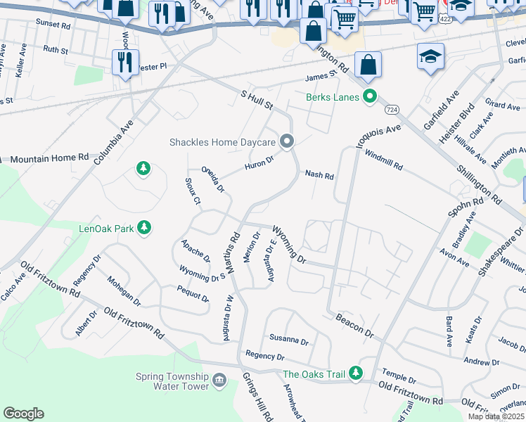 map of restaurants, bars, coffee shops, grocery stores, and more near 379 Martins Road in Sinking Spring