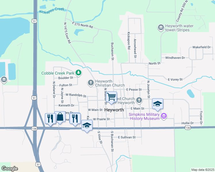 map of restaurants, bars, coffee shops, grocery stores, and more near 105 W Pease St in Heyworth