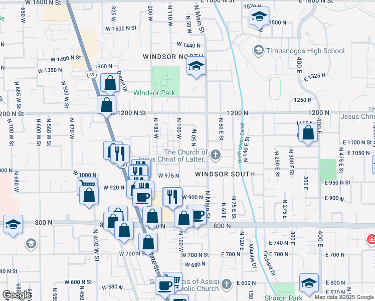 map of restaurants, bars, coffee shops, grocery stores, and more near 1060 North 100 West in Orem