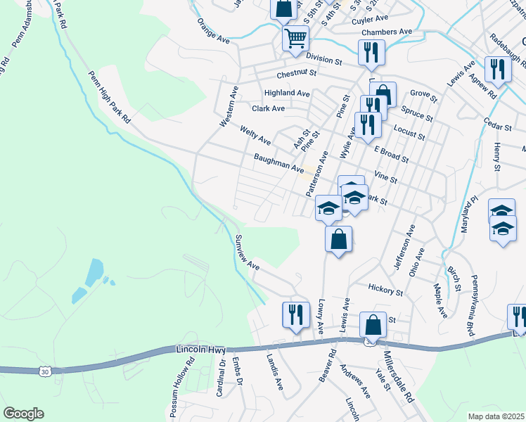 map of restaurants, bars, coffee shops, grocery stores, and more near 1016 Pine Street in Jeannette