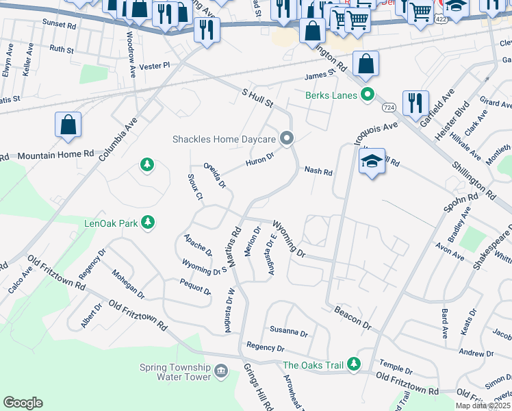 map of restaurants, bars, coffee shops, grocery stores, and more near 379 Martins Road in Sinking Spring