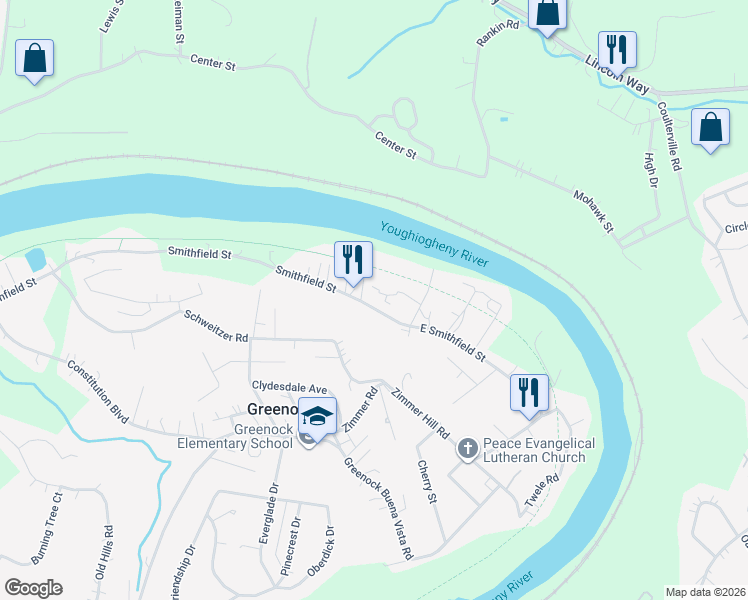 map of restaurants, bars, coffee shops, grocery stores, and more near 1028 Smithfield Street in McKeesport