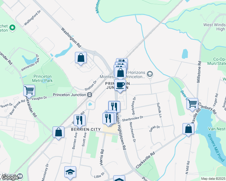 map of restaurants, bars, coffee shops, grocery stores, and more near 38 Princeton Hightstown Road in West Windsor Township