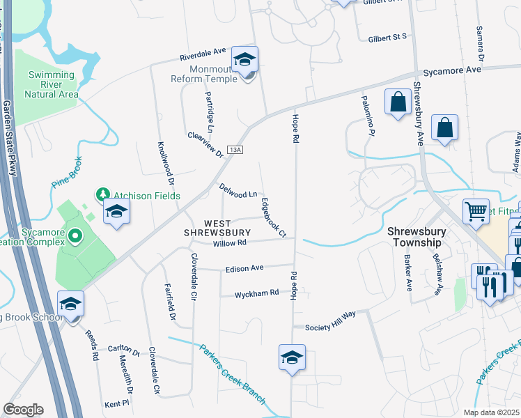 map of restaurants, bars, coffee shops, grocery stores, and more near 9 Timothy Lane in Tinton Falls