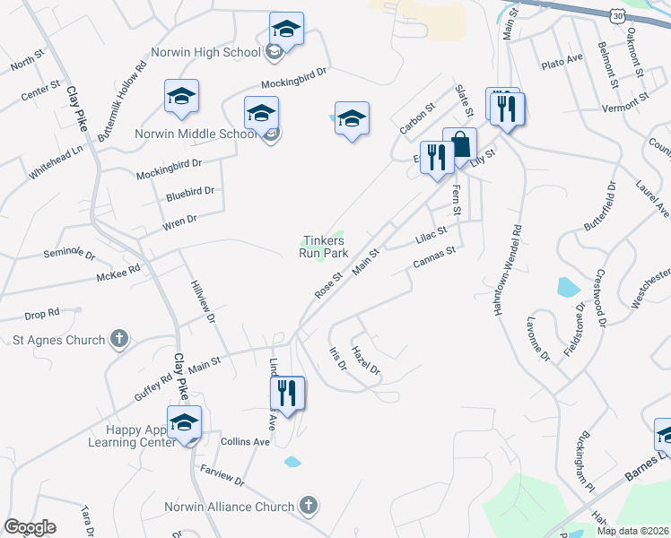 map of restaurants, bars, coffee shops, grocery stores, and more near 860 Rose Street in Irwin