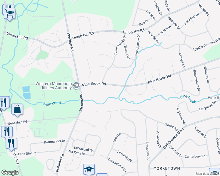 map of restaurants, bars, coffee shops, grocery stores, and more near 55 Pine Brook Road in Manalapan Township