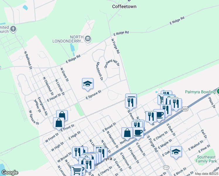 map of restaurants, bars, coffee shops, grocery stores, and more near in Palmyra