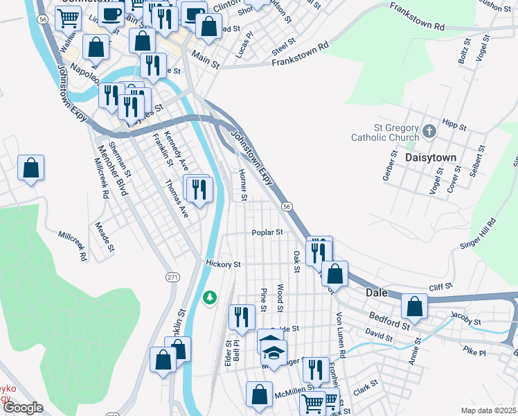 map of restaurants, bars, coffee shops, grocery stores, and more near 201 Horner Street in Johnstown