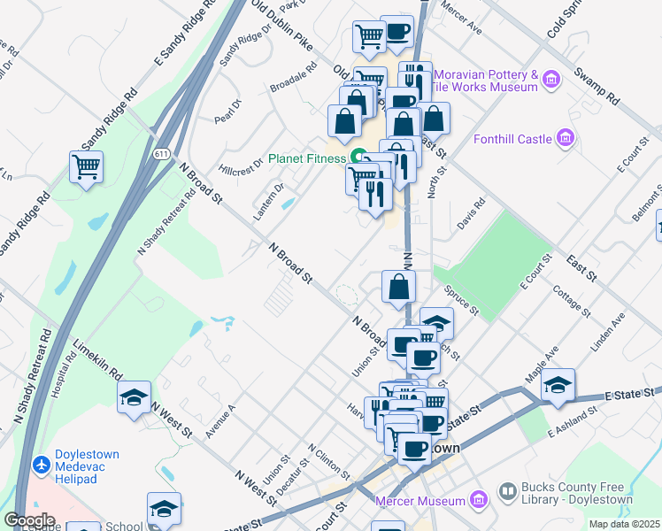 map of restaurants, bars, coffee shops, grocery stores, and more near 333-399 North Broad Street in Doylestown