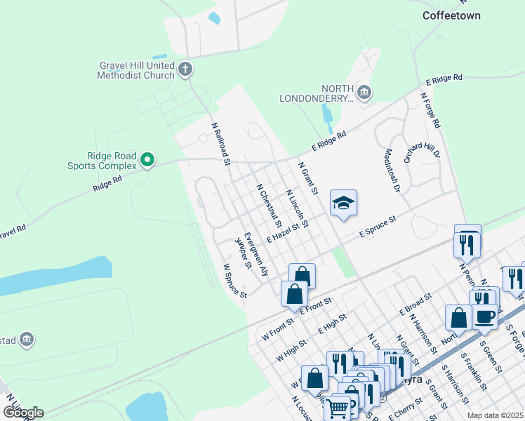 map of restaurants, bars, coffee shops, grocery stores, and more near 647 North Chestnut Street in Palmyra