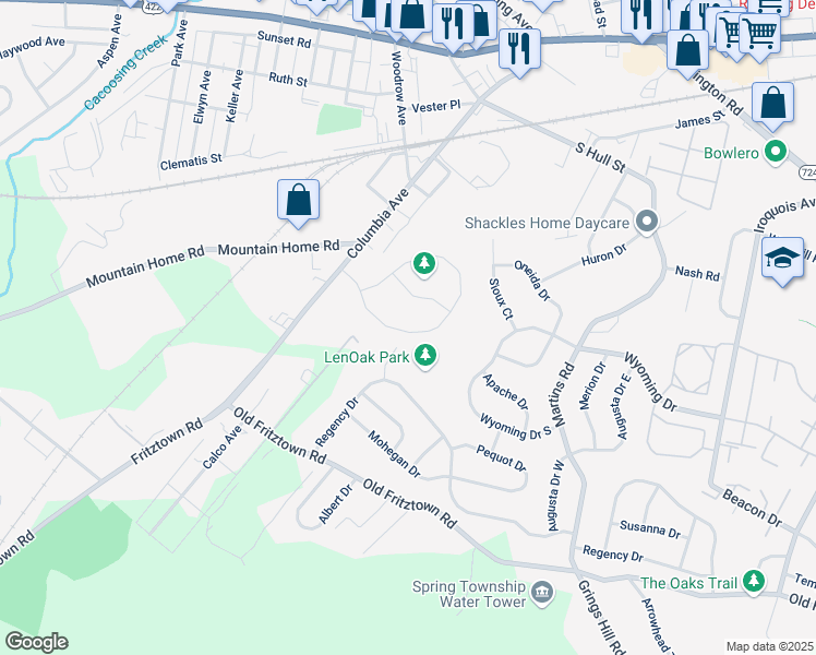map of restaurants, bars, coffee shops, grocery stores, and more near 25 Michigan Drive in Sinking Spring