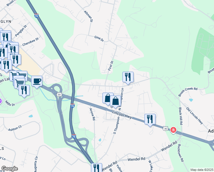 map of restaurants, bars, coffee shops, grocery stores, and more near 7951 US Route 30 in Irwin