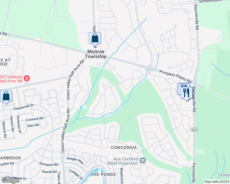 map of restaurants, bars, coffee shops, grocery stores, and more near John Adams Court in Monroe Township