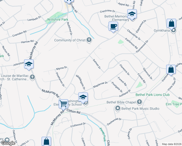 map of restaurants, bars, coffee shops, grocery stores, and more near 315 Turngate Dr in Bethel Park