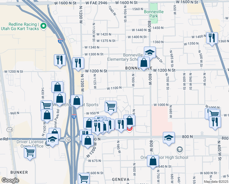map of restaurants, bars, coffee shops, grocery stores, and more near 1067 North 1005 West Street in Orem