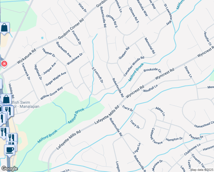 map of restaurants, bars, coffee shops, grocery stores, and more near 48 West Canadian Woods Road in Manalapan Township