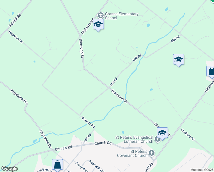 map of restaurants, bars, coffee shops, grocery stores, and more near 2527 Diamond Street in Sellersville